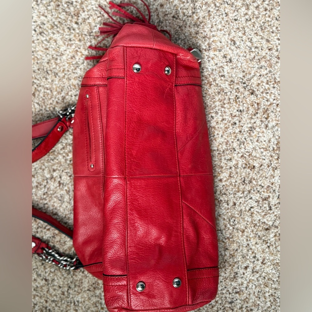 B Makowsky Red Pebbled Leather Hobo Shoulder Bag Silver Hardware Purse - Picture 9 of 11